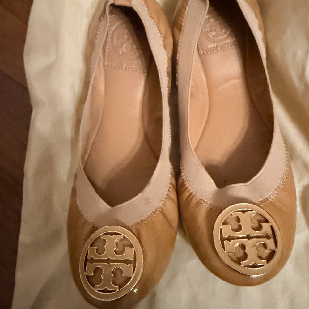 Tory Burch Camel Leather Flats with Gold Logo